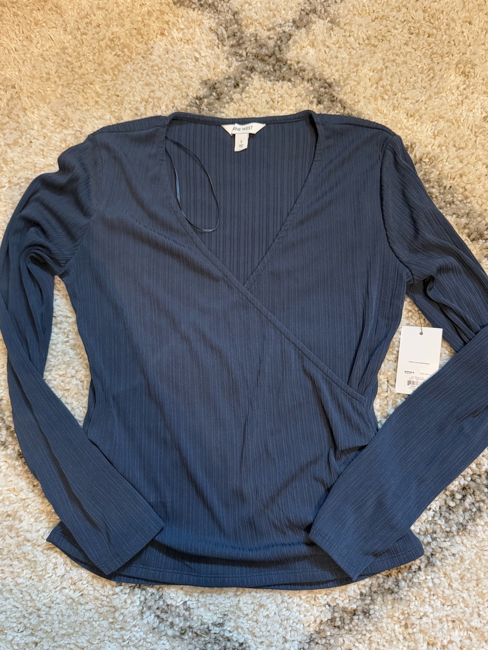 Women’s Nine West Navy Blue Ribbed Wrap-Front Long Sleeve Top Size S